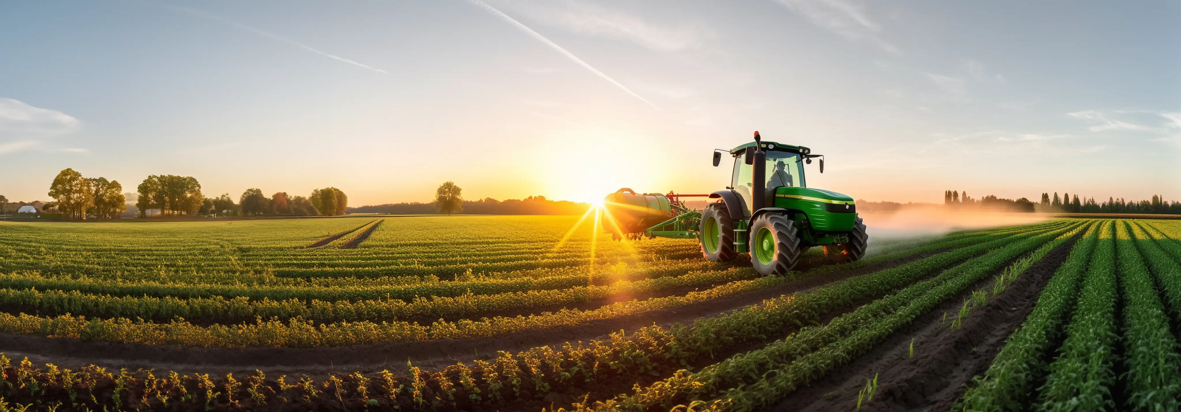 Um trator em um campo ao pôr do sol